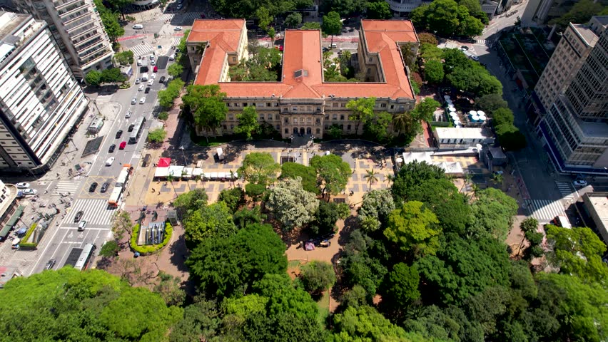 Republic Square In Sao Paulo Brazil. Drone Capturing The Beauty Square In The Center Of City. Business Clouds Sky Downtown Cityscape. Business Panorama. Sao Paulo Brazil.
