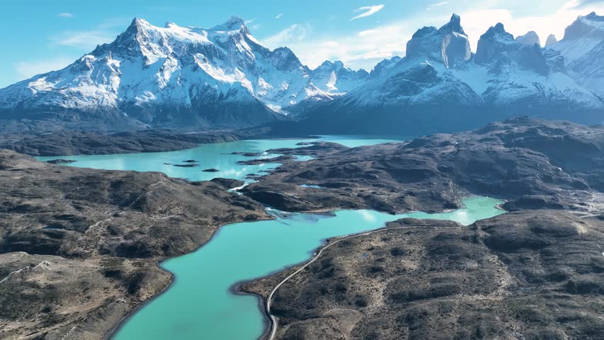 National Park In Torres Del Paine Punta Arenas Chile. Captivating Aerial View Of Plantations Forming Geometric Patterns. Snowing Day Lake Glacial Blizzard. Glacial. Torres Del Paine Punta Arenas.
