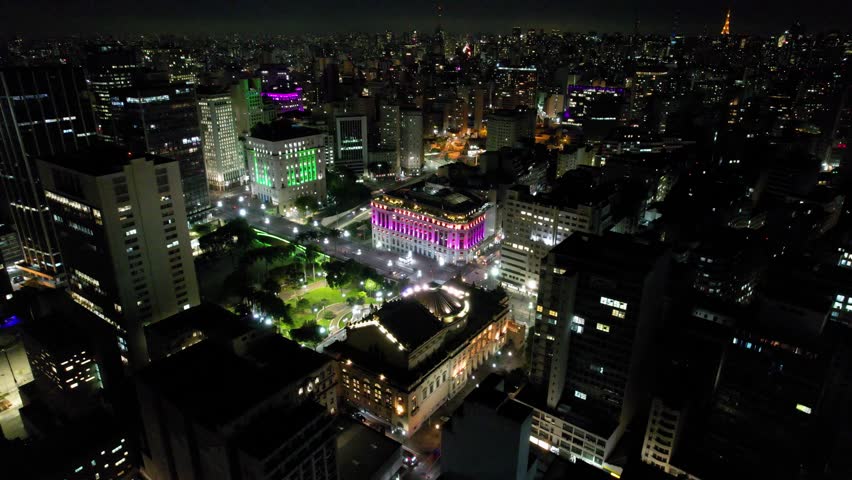 Time Lapse City In Sao Paulo Brazil. Breathtaking Aerial View Of Time Lapse Drone Footage. Night Freeway Road Downtown Cityscape. Night Up Above. Cities Of The World. Sao Paulo Brazil.