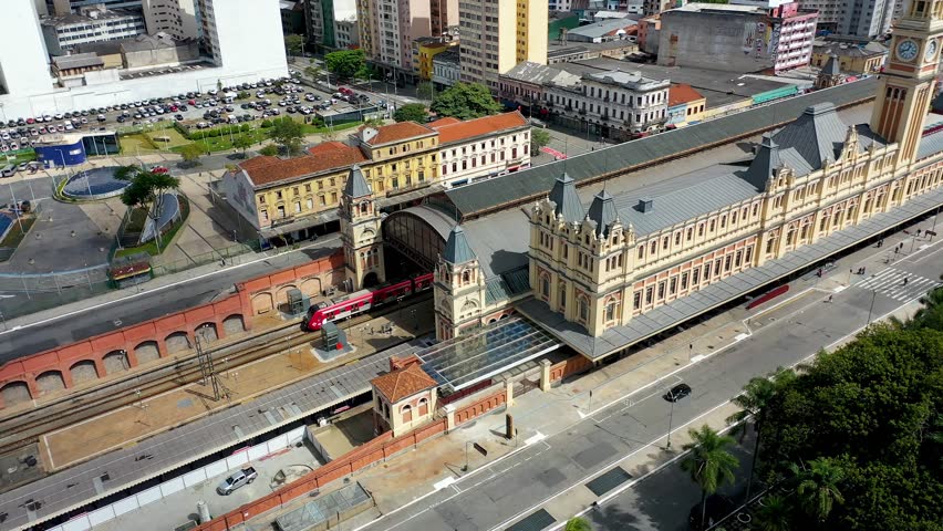 Sao Paulo, Brazil - 5.22.2025 - Train Station At Sao Paulo In Sao Paulo Brazil. Sunny Day. Urban Scene Of Railway Train Station In Downtown District.