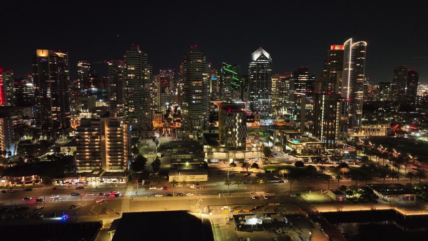 Night City In San Diego California United States. Aerial View Of A Bustling Downtown Cityscape With Modern Buildings. Night Avenue Downtown Cityscape. Night Exterior Downtown. San Diego California.