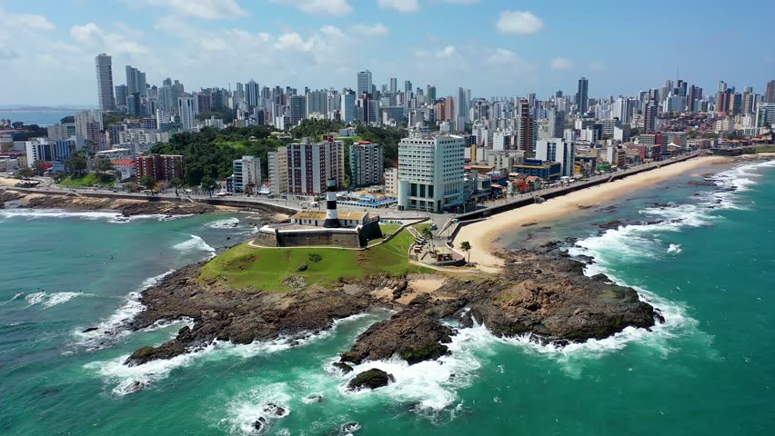 Barra Lighthouse In Salvador Bahia Brazil. Aerial View Of A Landmark Tall Lighthouse In A Coast Beach. Paradise Skyline Idyllic Wanderlust. Paradise Sea. Salvador Bahia.