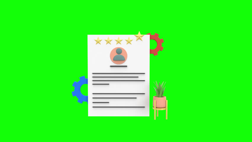 3d animation professional resume or CV with a five-star rating, symbolizing excellence, skill assessment, and quality in hiring, recruitment, or personal branding processes with alpha channel