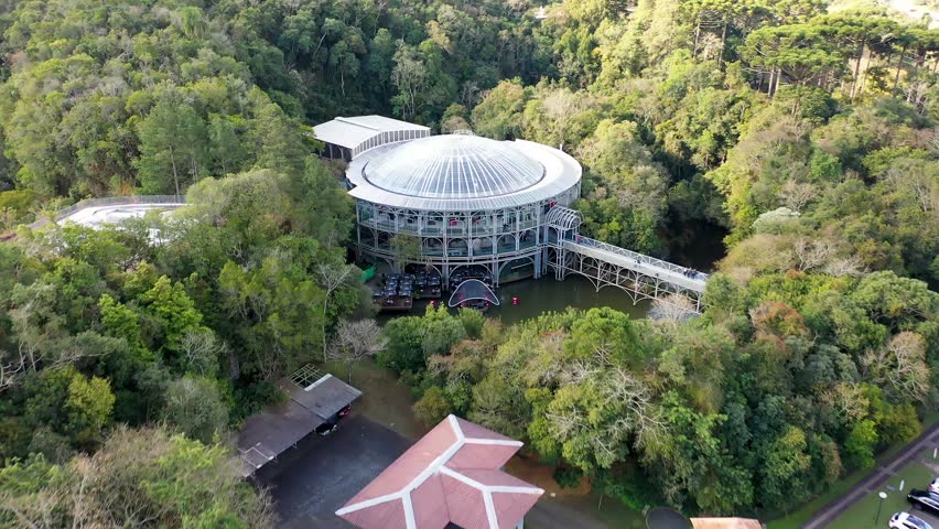 Opera De Arame In Curitiba Parana Brazil. Aerial View Of Green Space Surrounded By Lush Forest Trees. Countryside Dramatic Sky Rural Field. Sky Panoramic. Curitiba Parana.