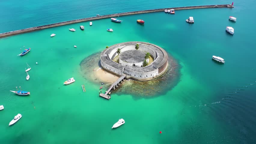 Sao Marcelo Fortress In Salvador Bahia Brazil. Breathtaking Aerial View Of A Lush Tropical Coastline Scenery. Island Life Landscape Idyllic Beautiful. Island Life Water Edge Coast. Salvador Bahia.