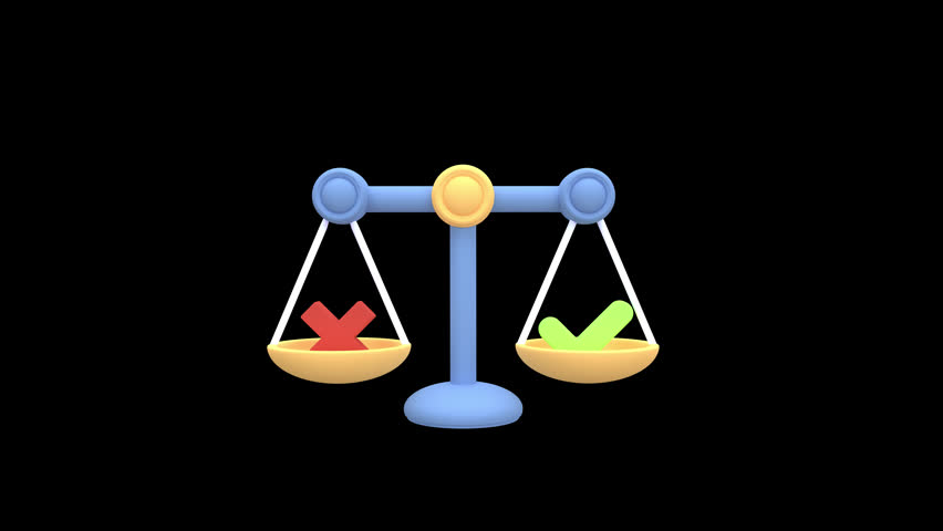 3d animation balance scale weighing a red cross and green checkmark, symbolizing decision making, ethics, justice, or evaluating right versus wrong with alpha channel
