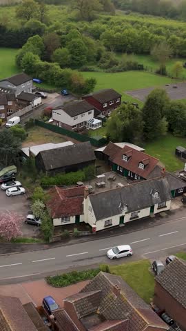 Vertical drone Orbit of Tonwell Village, Hertfordshire – Pub, School, countryside