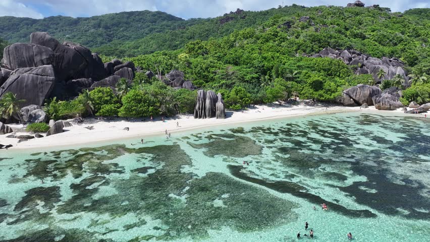 Anse Source D Argent Beach In La Digue Island Victoria Seychelles. Stunning Tropical Coastline Beach Scene Viewed From Above. Shore Horizon Beach Sea. Outside Beach Panorama.