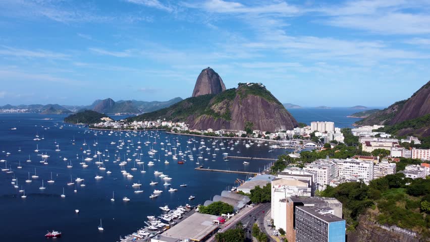 Sugarloaf Mountain In Rio De Janeiro Brazil. Bird Eye View Of A Amazing Coastal Beach In The Summer Holiday. Coast Sky Clouds Seaside Summertime. Coast Scenic Coastline. Rio de Janeiro Brazil.