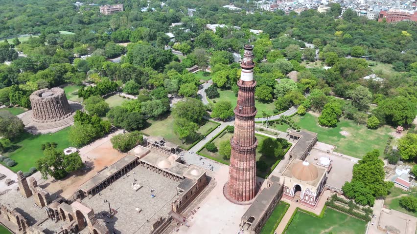 An Aerial Shot of Qutub Minar at Mehrauli, New Delhi, India
