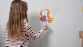 Child painting flowers on a white wall with purple and orange paint - Powered by Shutterstock - Get 15% off with code: PIKWIZARD15