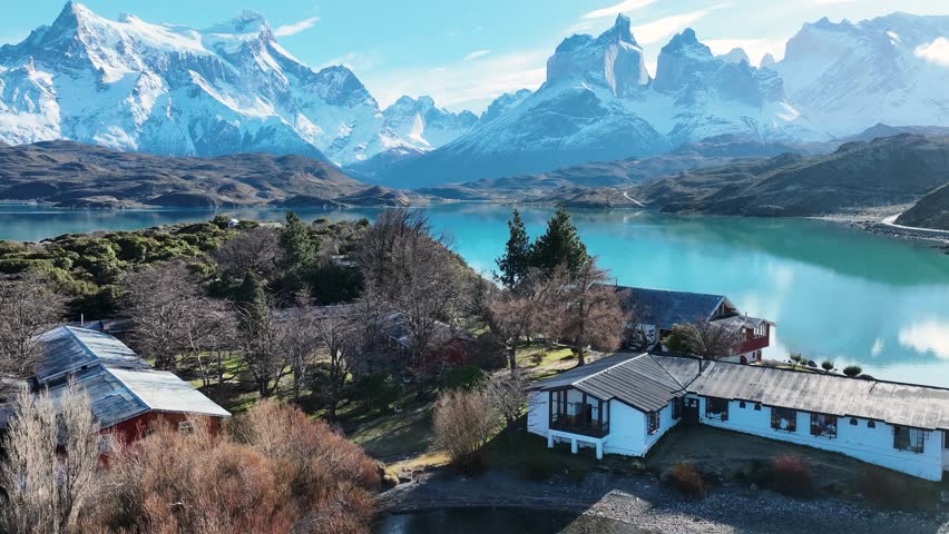 Country House In Torres Del Paine Puerto Natales Chile. Breathtaking Landscape Of Forest Trees In The Rural Scene. Snowing Day Lake Swiss Alps Snow Mountain. Forest Trees Swiss Alps Nature.