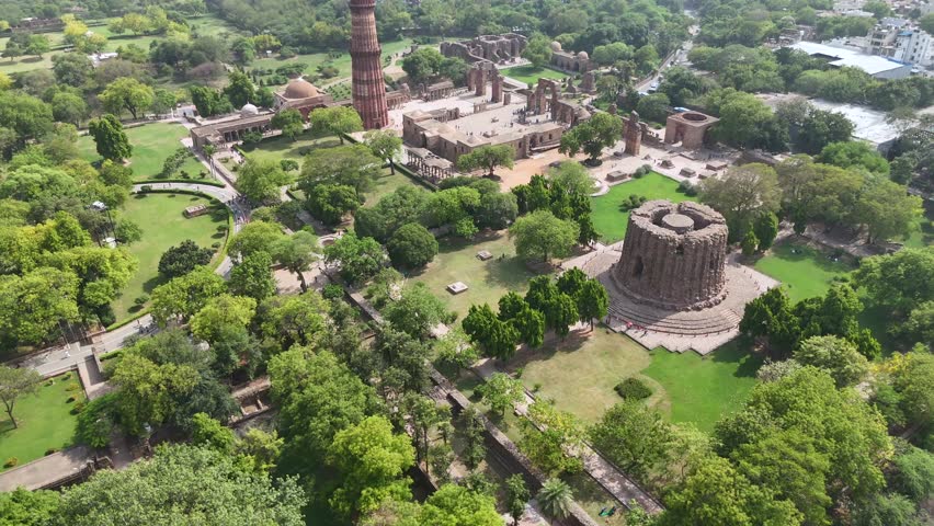 An Aerial Shot of Qutub Minar at Mehrauli, New Delhi, India
