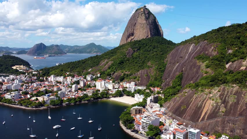 Sugarloaf Mountain In Rio De Janeiro Brazil. Bird Eye View Of A Amazing Coastal Beach In The Summer Holiday. Shore Horizon Beach Sea. Remote Location Beach Scenic Coastline. Rio de Janeiro Brazil.