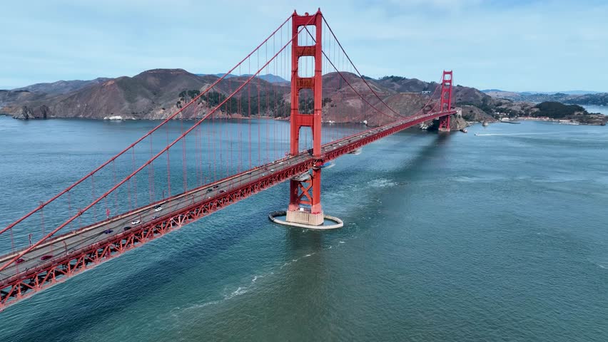 Golden Gate Bridge Aerial In San Francisco California United States. Elevated Road Bridge Symbol Of The City Viewed From Above. Business Sky Background Downtown Cityscape.
