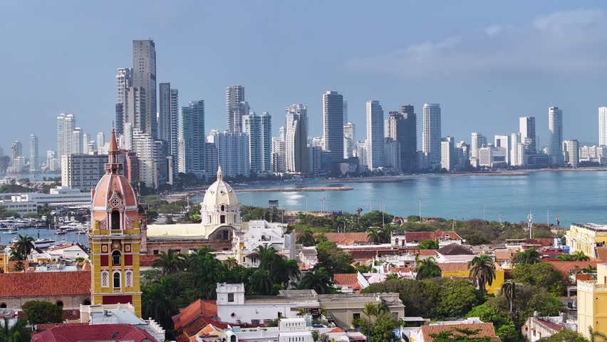 Historic City In Cartagena De India Bolivar Colombia. Aerial View Of A Bustling Downtown Cityscape With Modern Buildings. Industrial Landscape Buildings Stunning. Urban Buildings Town.