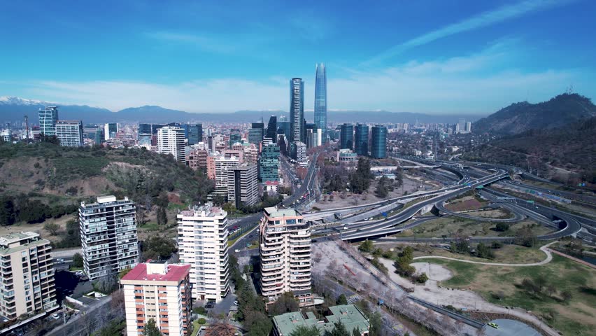 Santiago Skyline In Santiago Metropolitan Region Chile. Modern City Center With Skyscrapers Reflecting The Urban Life. Infrastructure Landscape High Rise Building Awesome.
