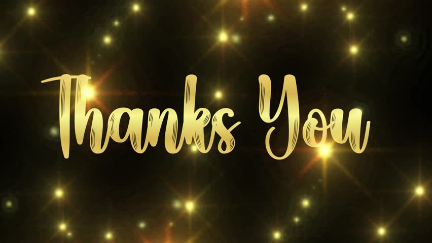 Animated handwritten writing text thank you gold color with star animation black background