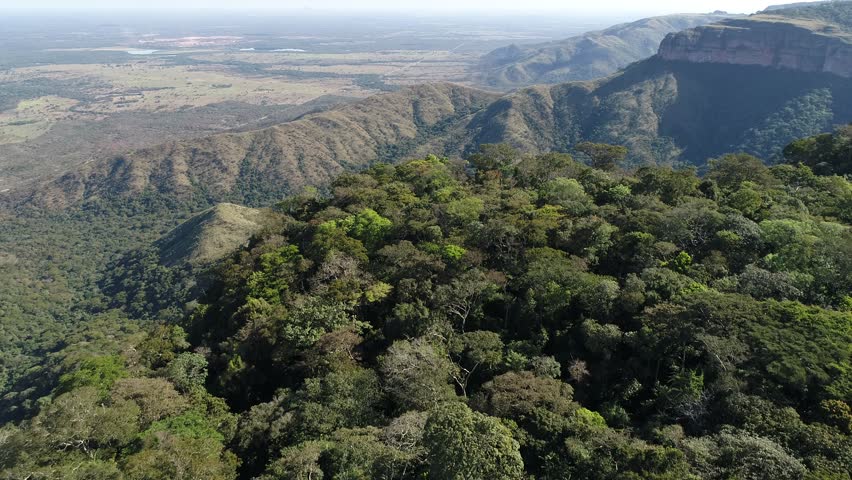 Canyons In Chapada Dos Guimaraes Mato Grosso Brazil. Dramatic Landscape Of Beautiful Canyons In The Tropical Scene. Nature Sky Clouds Sky Forest. Nature Agro Panning Wide.