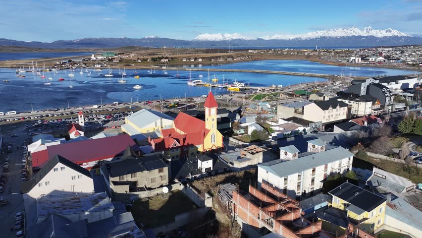 Ushuaia Church In Ushuaia Tierra Del Fuego Argentina. Bird Eye View Of Church Standing Tall Amidst Beautiful Scenery. Outdoor Travel Patagonia Glacier. Snow Covered Aerial View Floresta.
