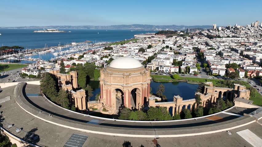 Palace Of Fine Arts In San Francisco California United States. Modern Glass Skyscraper Soars Above A Bustling City. Town Sky Backgrounds Urban. Town Outdoor Downtown Panning Wide.