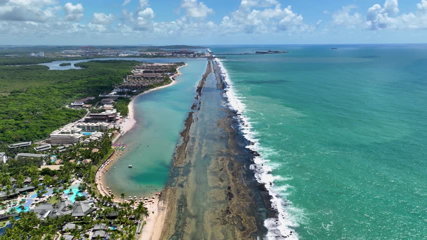 Northeastern Brazil Skyline In Port Of Chickens Pernambuco Brazil. Bird Eye View Of A Amazing Coastal Beach In The Summer Holiday. Coast Clouds Sky Seaside Summertime. Seaside Beach Scenic Coastline.