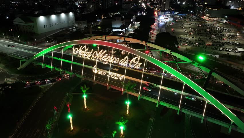 Night Christmas Decoration In Osasco Sao Paulo Brazil. Aerial View Of Christimas Tree And Ornaments To Happy Holidays. Building Landscape High Rise Building Beautiful.