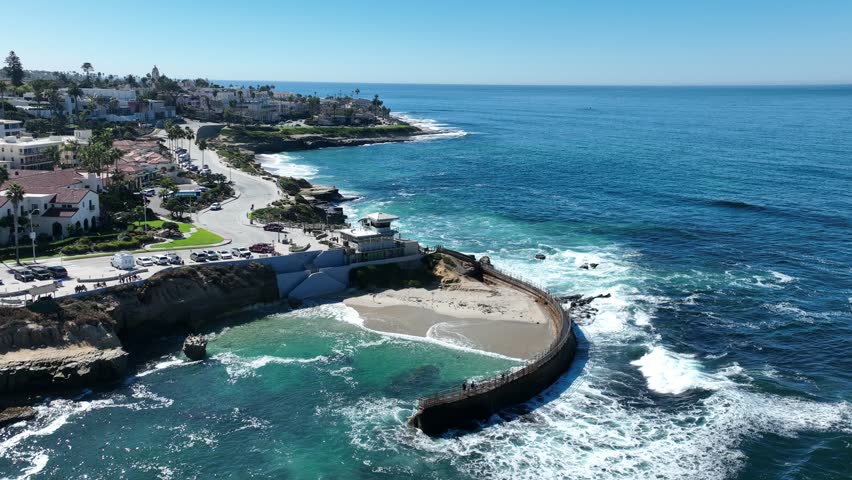 La Jolla Beach In San Diego California United States. Aerial View Of Stunning Beach With Crystal Clear Waters. Shore Sky Clouds Beach Sea. Shore Seaside Panorama. San Diego California.