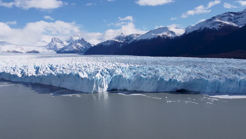 Los Glaciares National Park In El Calafate Santa Cruz Argentina. Birds Eye View Of Famous Glacier In A Patagonia Landscape. Nature Tourism Icon Snow Covered Forest Trees.