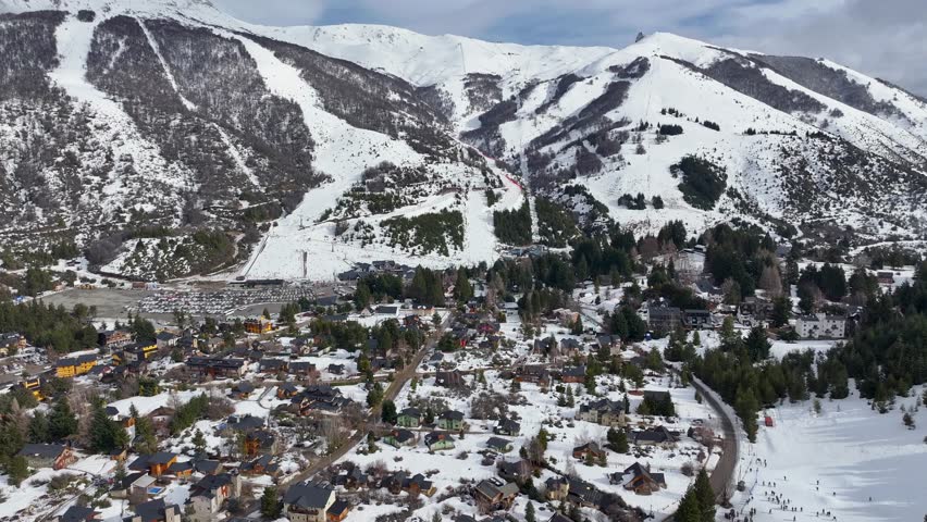 Patagonia Skyline In Bariloche Rio Negro Argentina. Breathtaking Landscape Of Forest Trees In The Rural Scene. Snowflakes Lake Glacial Snow Mountain. Snowflakes Nature. Bariloche Rio Negro.