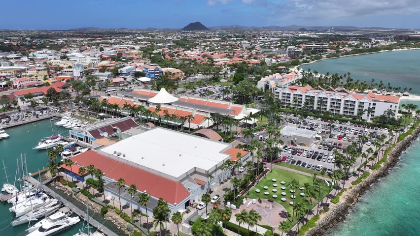 Downtown District In Oranjestad Caribbean Netherlands Aruba. Modern City Center With Skyscrapers Reflecting The Urban Life. Business Sky Clouds Downtown Cityscape. Business Backgrounds Panorama.
