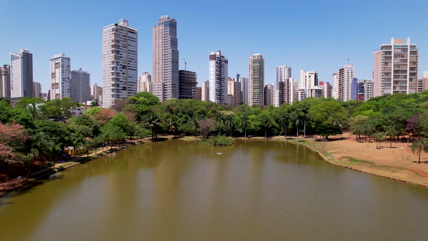 Angry Cow Park In Goiania Goias Brazil. Aerial View Of Green Space Surrounded By Lush Forest Trees. Business Sky Downtown Cityscape. Outside Downtown Panorama. Goiania Goias.