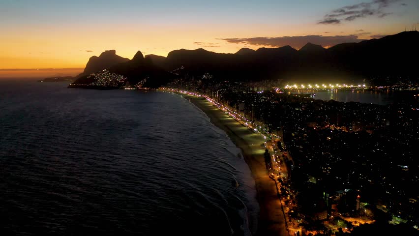 Sunset Ipanema Beach In Rio De Janeiro Brazil. Bird Eye View Of A Amazing Coastal Beach In The Summer Holiday. Sunrise Sky Beach Sea. Sunrise Outdoors Panorama. Rio de Janeiro Brazil.