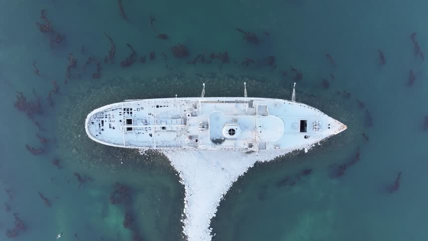 Saint Christopher Boat In Ushuaia Tierra Del Fuego Argentina. Bird Eye View Of A Amazing Coastal Beach In The Summer Holiday. Outdoor Tourism Icon Patagonia Glacier. Outdoor Patagonia High Angle View.