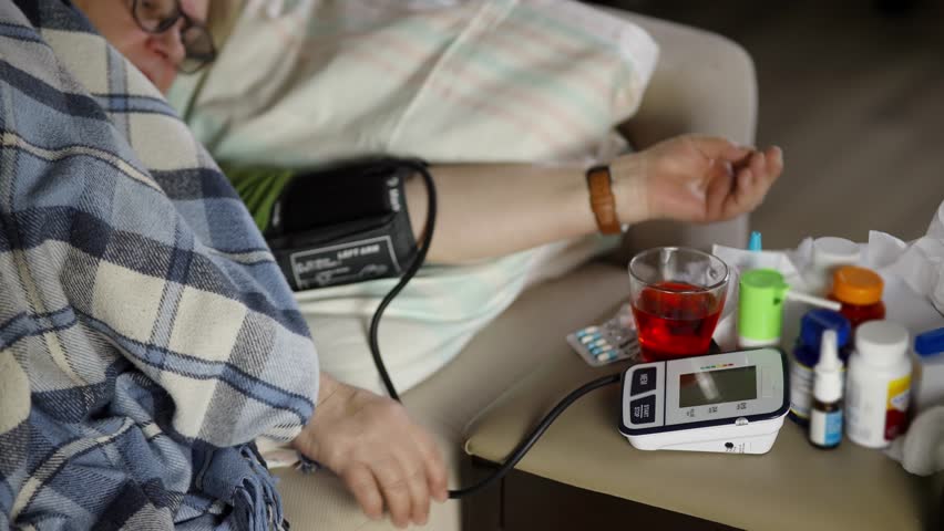 Unhealthy Woman Checking Blood Pressure Hypotension Diagnostic On Medical Tonometer. Measuring Pulse And Blood Pressure On Migraine. Medical Tonometer Hypertension Cardiology Healthcare Measure Vitals