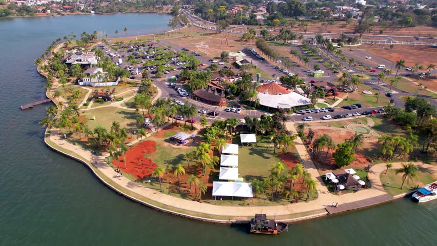 Paranoa Lake In Brasilia Federal District Brazil. Drone Captures A Garden With Sidewalks Surrounded By Lush Trees. Countryside Sky Rural Field. Agro Rural Panoramic. Brasilia Federal District.