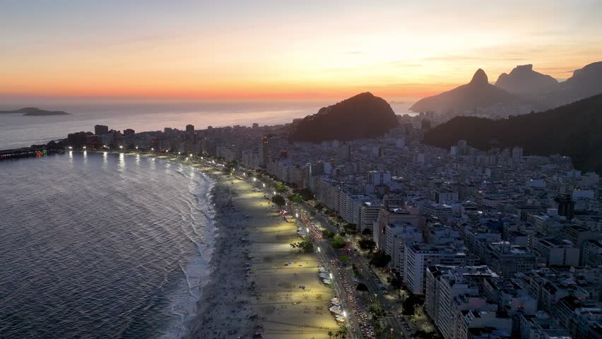 Sunset Sky In Copacabana Beach Rio De Janeiro Brazil. Turquoise Ocean Waves Gently Crashing On Tropical Beach. Building Town Sky Illumination Urban. Town Outdoors. Copacabana Beach Rio de Janeiro.