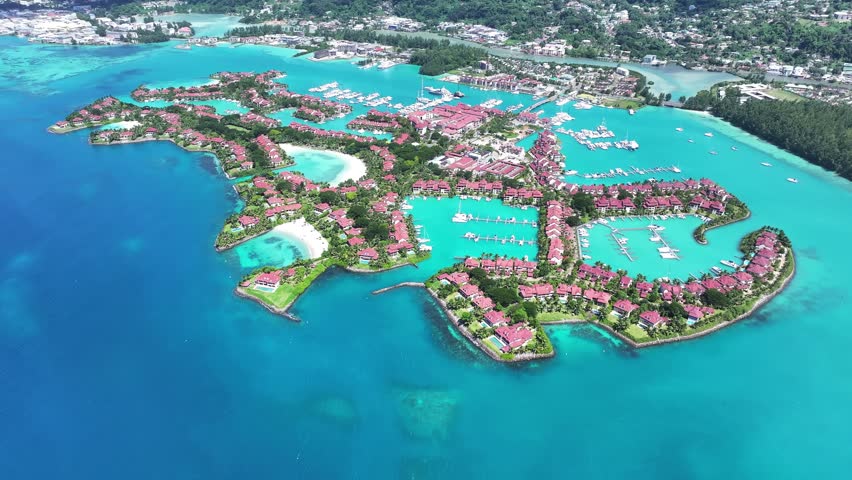 Eden Island In Victoria Seychelles Islands Seychelles. Bird Eye View Of A Amazing Coastal Beach In The Summer Holiday. Shore Horizon Beach Sea. Outside Beach Panorama. Victoria Seychelles Islands.