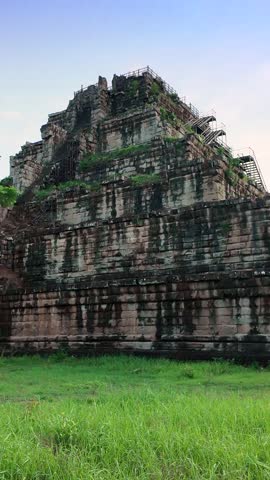 Vertical Ancient 10th century pyramid temple of Prasat Tom at Koh Ker, Cambodia.