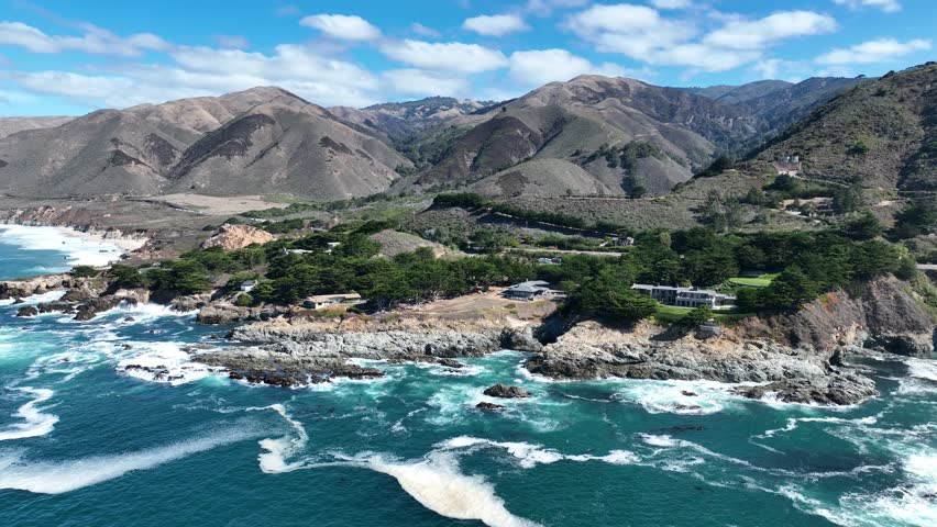 Coastal Environment In Highway 1 California United States. Big Sur Landscape From Above In Pacific Coast Highway. Island Life Landscape Idyllic Beautiful. Island Life Water Edge Coast.