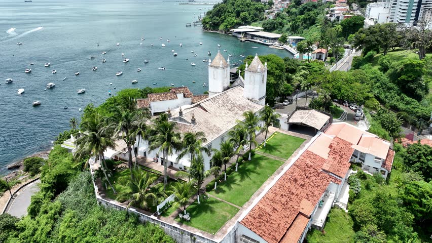 Saint Antonio Church In Salvador Bahia Brazil. Stunning Baroque Church Contrasts With The Landscape . Island Life Landscape Idyllic Beautiful. Island Life Water Edge Coast. Salvador Bahia.