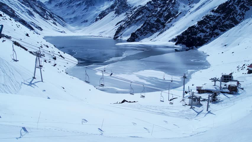Cable Car In Andes Mountains Santiago Chile. Ski Lift Passing Over Frozen Mountain In Winter Landscape. Outdoor Travel Andes Glacier. Outdoor Snow Covered Aerial View Floresta.