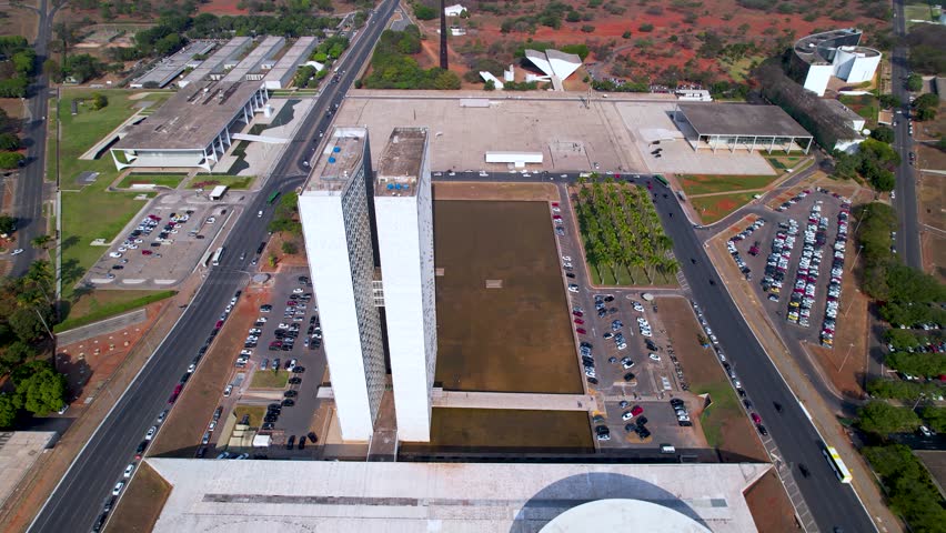 National Congress In Brasilia Federal District Brazil. Aerial View Of Famous Governement Building Of The Country. Business Sky Clouds Downtown Cityscape. Backgrounds Panoramic.