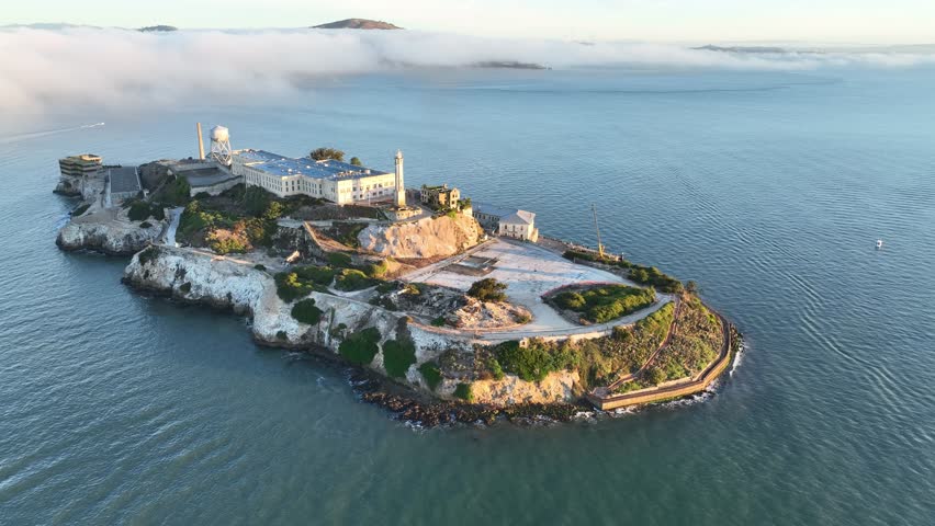 Alcatraz Island In San Francisco California United States. Aerial View Of A Landmark Tall Lighthouse In A Coast Beach. Construction Skyline Skyscrapers Busy. Construction Architecture Business.