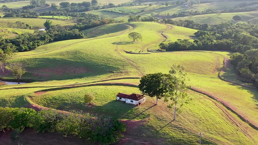 Sunset Country House In Betim Minas Gerais Brazil. Stunning Countryside Life Landscape Viewed From Above. Countryside Agriculture Rural Field. Countryside Landscapes Rural Panorama.