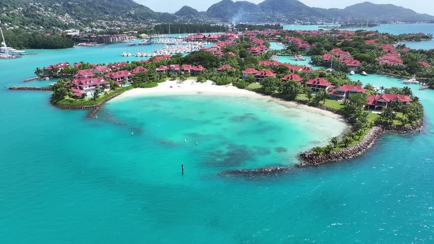 Eden Island In Victoria Mahe Island Seychelles. Aerial View Of Stunning Beach With Crystal Clear Waters. Island Life Landscape Season Beautiful. Summertime Season Coast. Victoria Mahe Island.