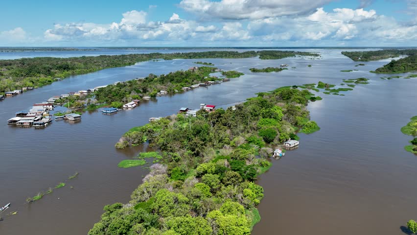 Amazon River In Manaus Amazonas Brazil. River Flowing Through Lush Green Forest Landscape. Guyana River Forest Background Lagoon. Guyana Travel. Manaus Amazonas.