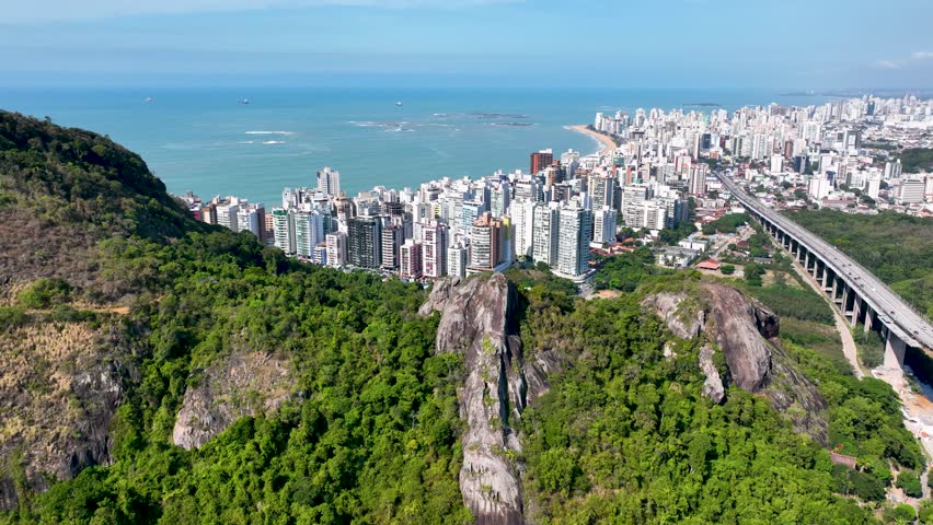 Scenic Mountains In Vitoria Espirito Santo Brazil. Amazing Countryside Scenery Near Farm And Forest Trees. Coast Horizon Seaside Summertime. Coast Outdoor Beach Panoramic. Vitoria Espirito Santo.