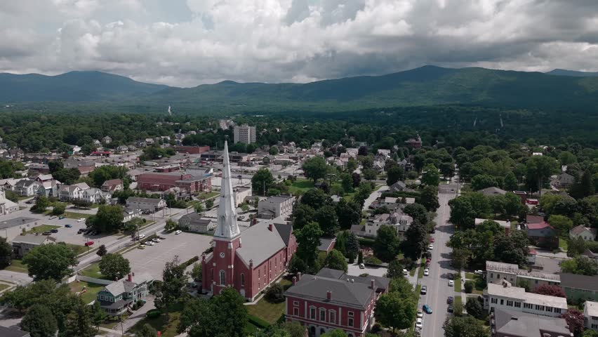 Drone shot of and old church in downtown Rutland Vermont