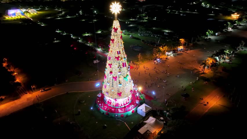 Christmas Tree In Candido Portinari Park Sao Paulo Brazil. Aerial View Of Christimas Tree And Ornaments To Happy Holidays. Building Industrial Skyline Commercial Building Stunning.